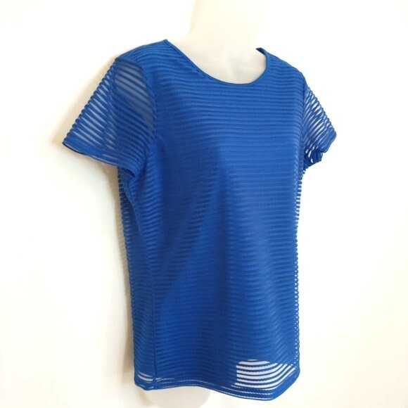 Calvin Klein Blue Striped Textured Blouse Size M Double Layer Stretch Pullover - Picture 3 of 10